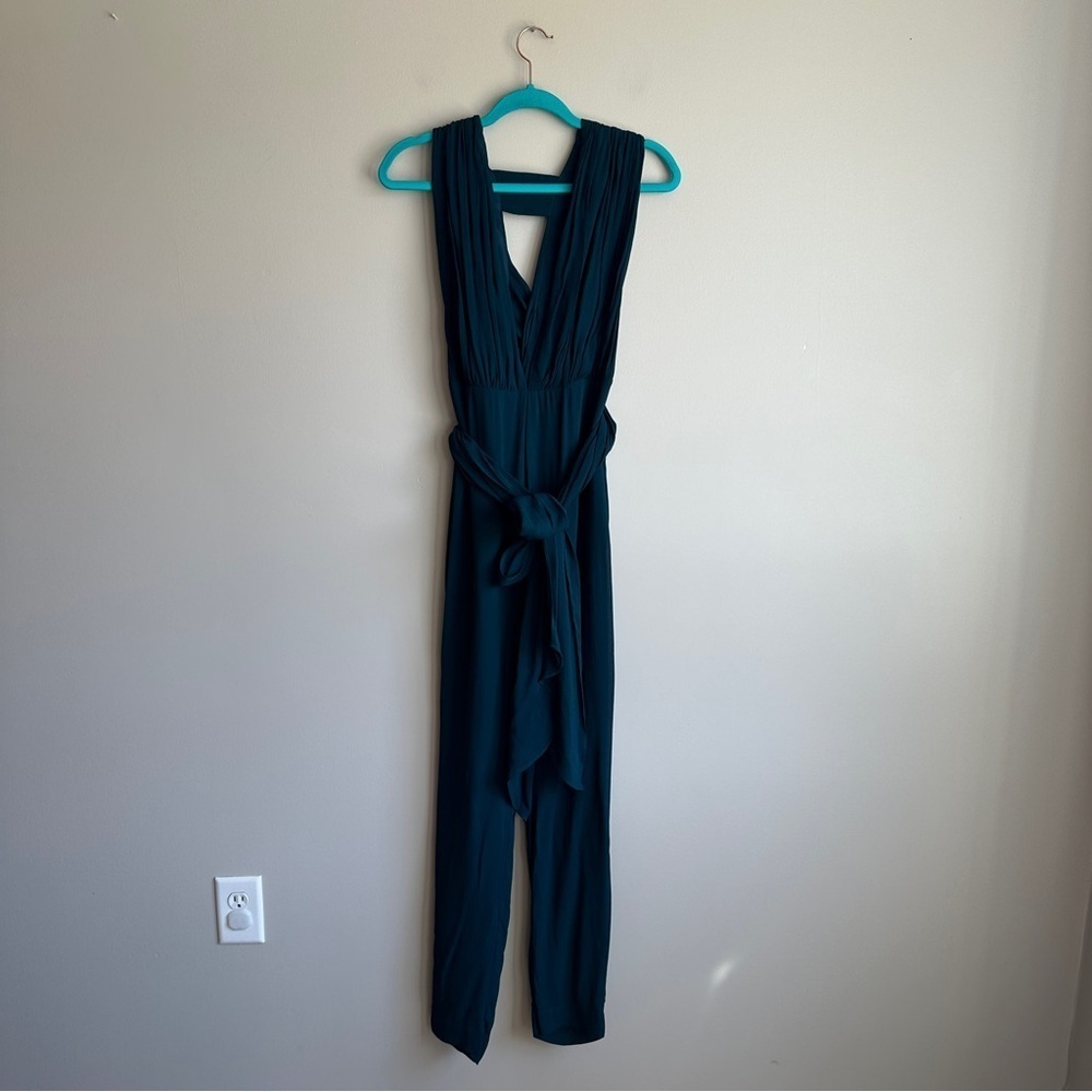 Misha Collection Dark Teal V Neck Tie Waist Jumpsuit 6